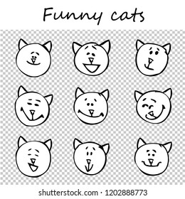 Funny cats, kittens. Doodle animal faces with positive emotions, black outlines, white images, transparent background. Emoticons. Emotional icons. Vector illustration.