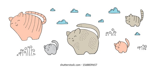 Funny cats, kittens and hand drawn elements. Animals on the farm. Eps10 vector line-art illustration.