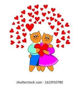 funny cats in love hugging.  background with hearts. white isolate.  vector.  flat.  st.  Valentine. the character.  banner, poster, postcard, advertising,  printing, products for lovers