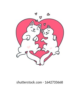Funny cats in love. Illustration of cute white cats in love lying on a pink heart. Valentine's day card template. Vector 8 EPS