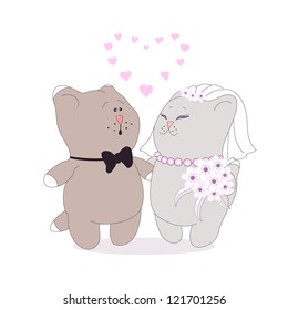 Funny cats in love. Vector illustration. Isolated object. Wedding or Valentine's Day. Colors are easily editable.