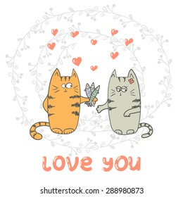 Funny cats in love. Vector love you card. 