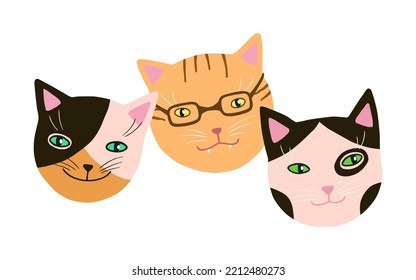 Funny cats muzzles set. Hand drawn cute friends kittens head clip art. Kitty breeds collection. Vector artistic cartoon simple pets.