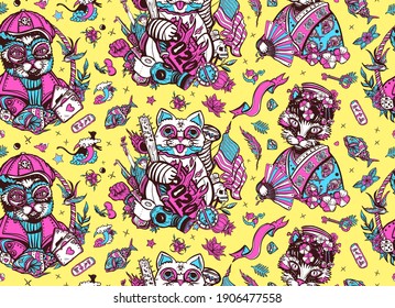 Funny cats old school tattoo seamless pattern. Portrait of kitty geisha princess. Traditional tattooing style. Pets art, animals background. Unlucky lucky cat, symbol 2020 world crisis concept