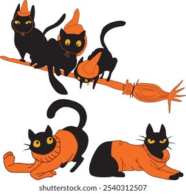 Funny cats on a broom and cats in sweaters, autumn illustrations