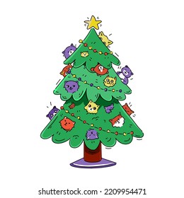 Gatos graciosos en el árbol de Navidad al estilo de doodle