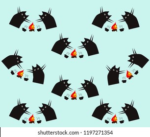 Funny cats  on fire with coffee Abstract background pattern
