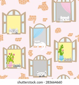Funny cats on old windows, vector illustartion