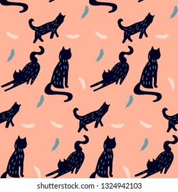 Funny cats on pink background pattern