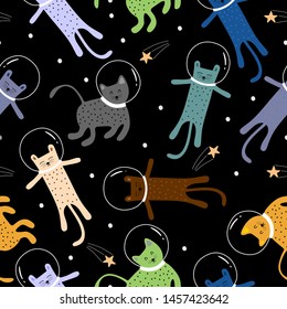 Funny cats on space seamless pattern background. Trendy scandinavian vector background. Perfect for kids apparel,fabric, textile, nursery decoration,wrapping paper