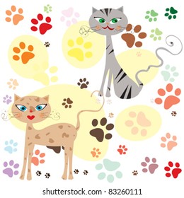 funny cats over colored paws background vector