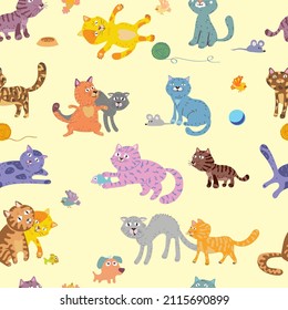 funny cats, pattern, cat in various poses and situations, drawing, vector, images, cartoon