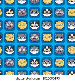 Funny cats pattern on a blue background. Cute childish fabric pattern. Pattern for phone case.Cute childish fabric pattern.Cat icon cartoon styles. Multicolor kitty symbols. Comical images with cats. 