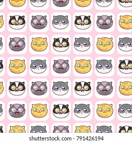  Funny cats pattern on a pink background. Cute childish fabric pattern. Cat icon cartoon styles. Multicolor kitty symbols. Comical images with cats. Yellow and gray animals.  Pattern for phone case.