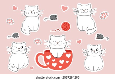 Funny cats pattern. Pictures for printing on childrens clothing. Adorable characters on pink background. Animals, pets, mammals. Fairytale characters, cute stickers. Cartoon flat vector illustration