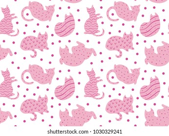 Funny cats pattern pink on white with gold dots vector