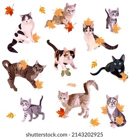 Funny cats play with fallen leaves isolated on white background in vector. Natural print for fabric.