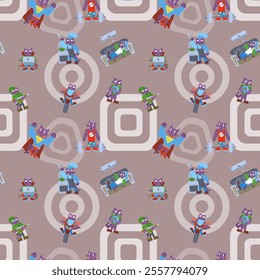 funny cats purple characters seamless pattern with animals. stock vector image