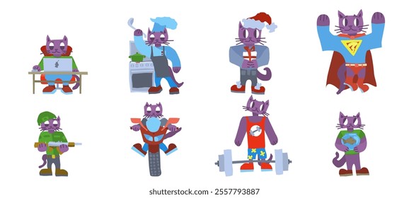 funny cats purple characters selection of different animals. stock vector image