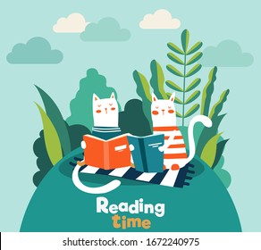 Funny cats reading books in the garden. Funny animal relaxing in park. Summer landscape background