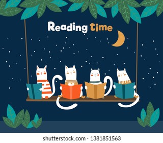 Funny cats reading books on swing