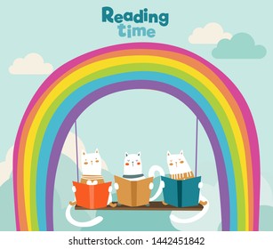 Funny cats reading books on swing