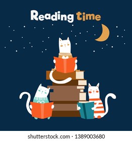 Funny cats reading books vector illustration