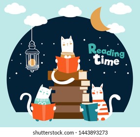 Funny cats reading books vector illustration