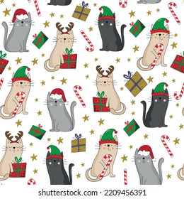 Funny cats in Santa hat, elf hat reindeer antler seamless pattern. Candy cane, and christmas presents.  Good for textile print, wrapping, cover, and other decoration.