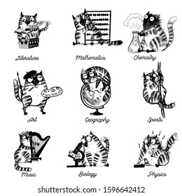Funny cats at the school. Vector sketch illustration set