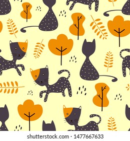Funny cats seamless pattern botanical and nursery drawing scandinavian design. Vector illustration repeat ready for baby kids fashion textile print.