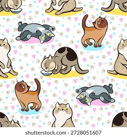 Gatos engraçados padrão perfeito. Gatinhos de animação brincando ou mentindo. O gatinho fofo posa. Animais domésticos comendo e relaxando. Impressão repetida. Pegadas bonitas. Alimentação de tigela. Miado de gato. Plano de fundo do vetor