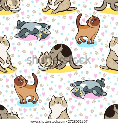 Funny cats seamless pattern. Cartoon kittens playing or lying. Fluffy kitty poses. Domestic animals eating and relaxing. Repeated print. Cute pawprints. Feeding bowl. Pussycat meow. Vector background