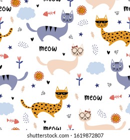 Funny cats seamless pattern. Cute hand drawn kitten animal cartoon. Scandinavian childish drawing style. Colorful vector illustration. Awesome hand drawn for baby, kids, and children fashion print.