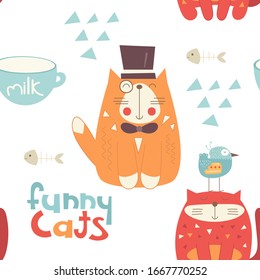 Funny Cats seamless pattern with cute red cats. Feline background. Vector Illustration. Great for wallpaper, baby clothes, greeting card, wrapping paper.