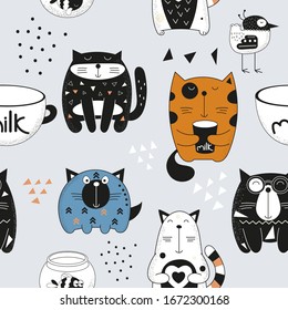 Funny Cats seamless pattern with cute retro cats. Feline background. Vector Illustration. Great for wallpaper, baby clothes, greeting card, wrapping paper.