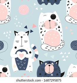 Funny Cats seamless pattern with cute cats and hearts. Feline background. Vector Illustration. Great for wallpaper, baby clothes, greeting card, wrapping paper. Pastel colors.