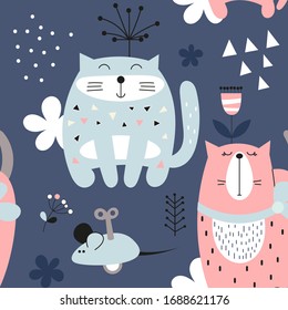 Funny Cats seamless pattern with cute cats, flowers and mouse. Feline background. Vector Illustration. Great for wallpaper, baby clothes, greeting card, wrapping paper.