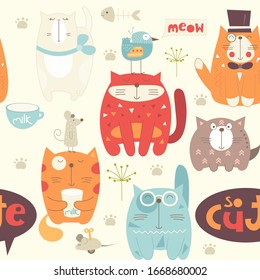 Funny Cats seamless pattern with different cute kittens. Feline background. Vector Illustration. Great for wallpaper, baby clothes, greeting card, wrapping paper.
