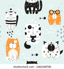 Funny Cats seamless pattern with different cute kittens. Feline background. Vector Illustration. Great for wallpaper, baby clothes, greeting card, wrapping paper. Pastel colors.