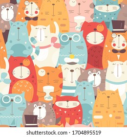 Funny Cats seamless pattern with different cute kittens. Feline background. Vector Illustration. The print is perfect for wallpaper, baby clothes, greeting card, wrapping paper.