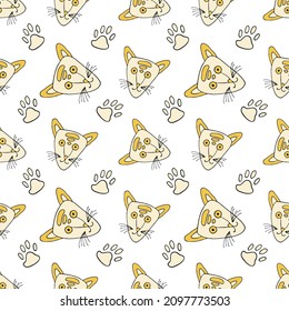 Funny cats seamless pattern in doodle style. Orange vector stock illustration. Hand drawing pets line art image.
