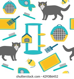 Funny cats seamless pattern with  house, mouse,  plate and other Things for pets. 