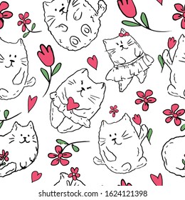 Funny cats seamless pattern. Kawai spring cats, flowers and hearts. Kids doodle cartoon vector illustration. Valentine's and woman day concept is for wallpaper, wrapping paper, scrapbooking, textile.