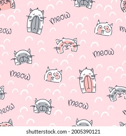 Funny cats seamless pattern on a pink background. Children print for fabric, packaging. Vector illustration.