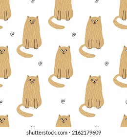 Funny cats seamless pattern on white. Hand drawn flat vector illustration. Great for fabrics, wrapping papers, wallpapers, covers.