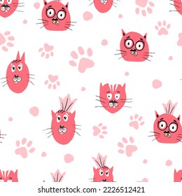 Frische Katzen nahtloses Muster auf rosafarbenem Hintergrund. Kinder drucken für Stoff, Verpackung. Vektorgrafik.
