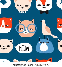 Funny cats seamless pattern. Pet vector illustration. Cartoon doodle animals dark blue background. Cute kitten design for girls, kids. Hand drawn children's pattern for fashion clothes, shirt, fabric
