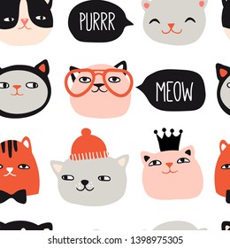 Funny cats seamless pattern. Pet vector illustration. Cartoon doodle animals background. Cute kitten design for girls, kids. Hand drawn children's pattern for fashion clothes, shirt, fabric
