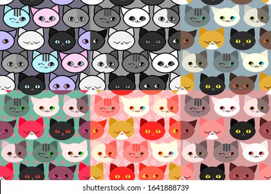 Funny cats seamless pattern set. Cartoon style. Vector illustration